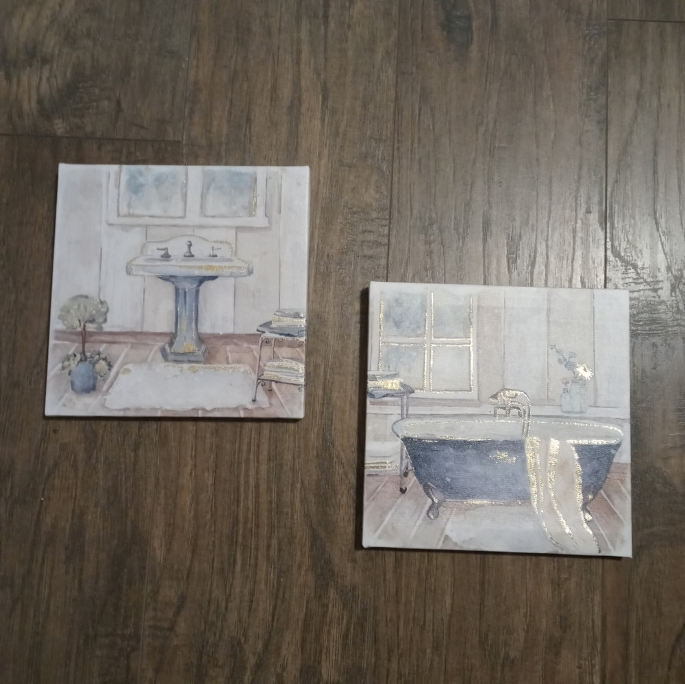 Canvas wall decor set for bathroom blue, white and gold.